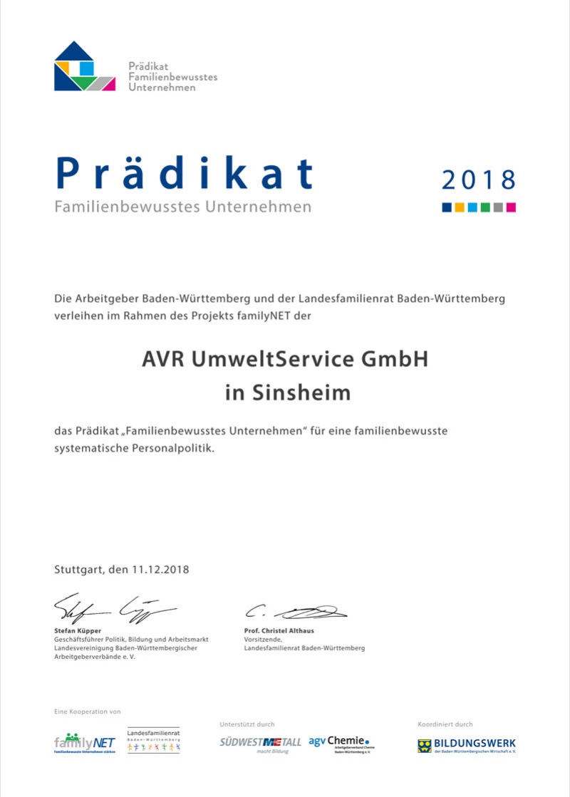 AVR UmweltService als „familienbewusstes Unternehmen“ ausgezeichnet