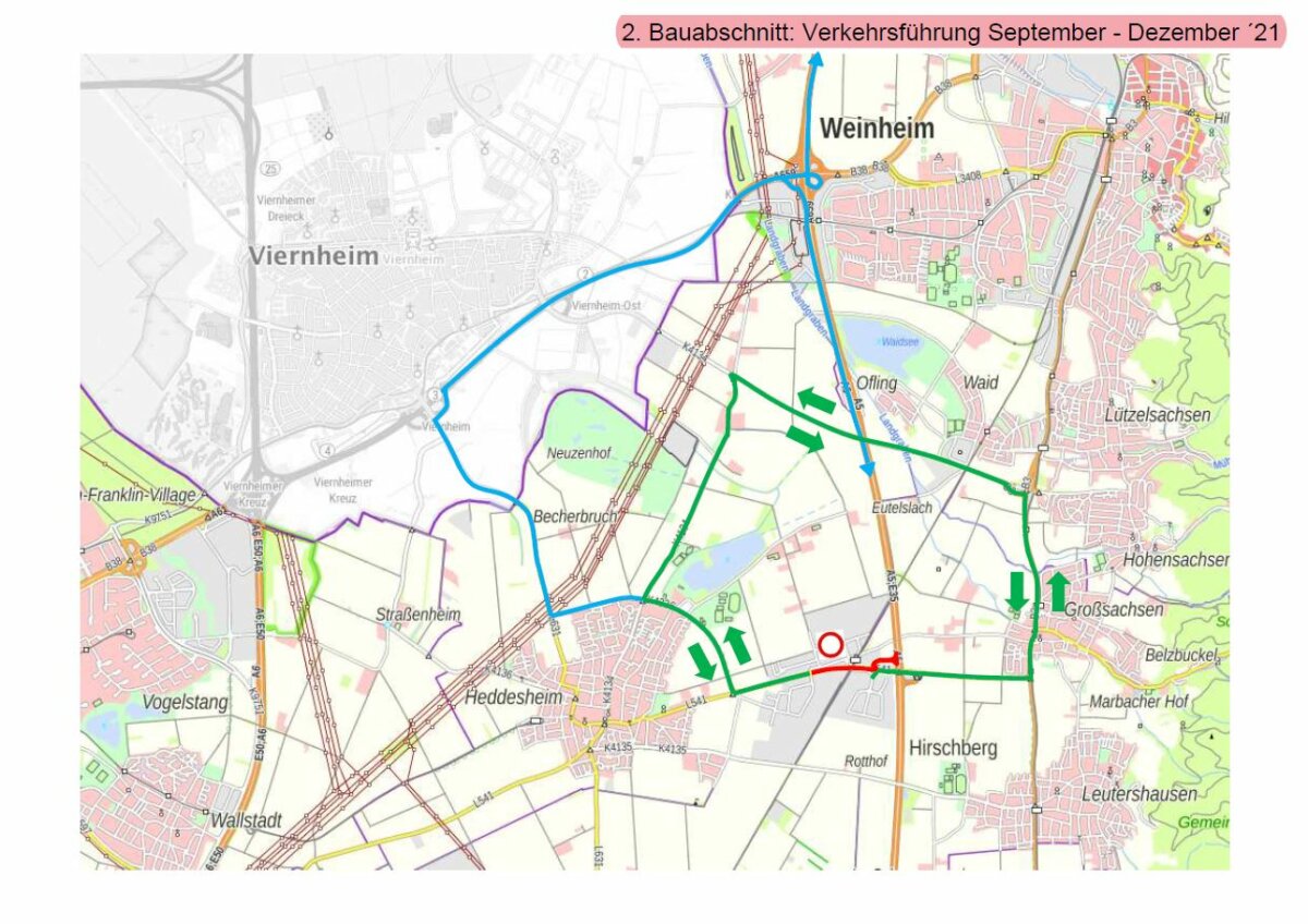 L541 Heddesheim – Hirschberg: Zweiter Bauabschnitt beginnt am Montag, 20. September