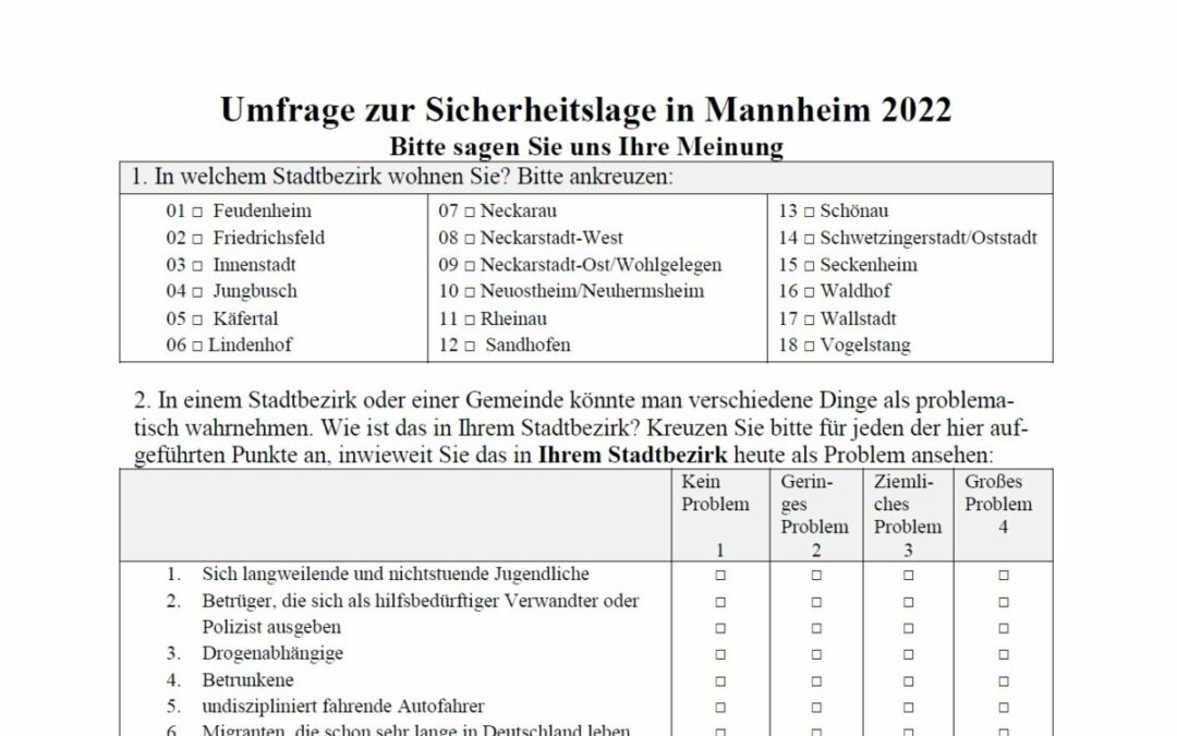 Vierte Sicherheitsbefragung der Stadt Mannheim startet